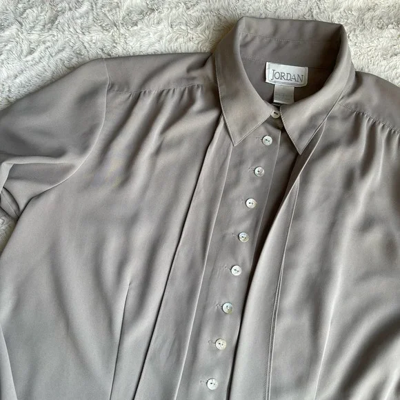 Vintage dove grey pussy bow tie neck blouse secretary 90s taupe long sleeve L - Picture 7 of 17